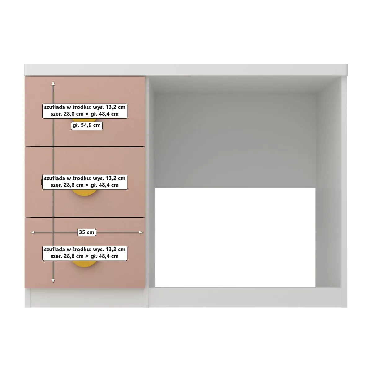 OBŁOK Biurko z kontenerem Biały / Millennial pink, Biały / fronty Millennial pink, wnętrze, widok z przodu