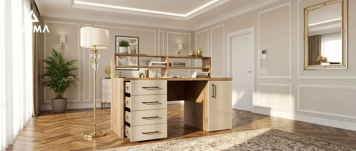 Biurko 160 z nadstawką i LED, Dąb Wotan / fronty Kaszmirowy Beż, aranżacja
