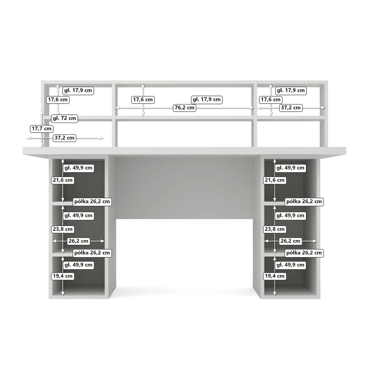 Biurko 158 z płytką nadstawką 18 cm i LED, Biały, wnętrze, widok z przodu