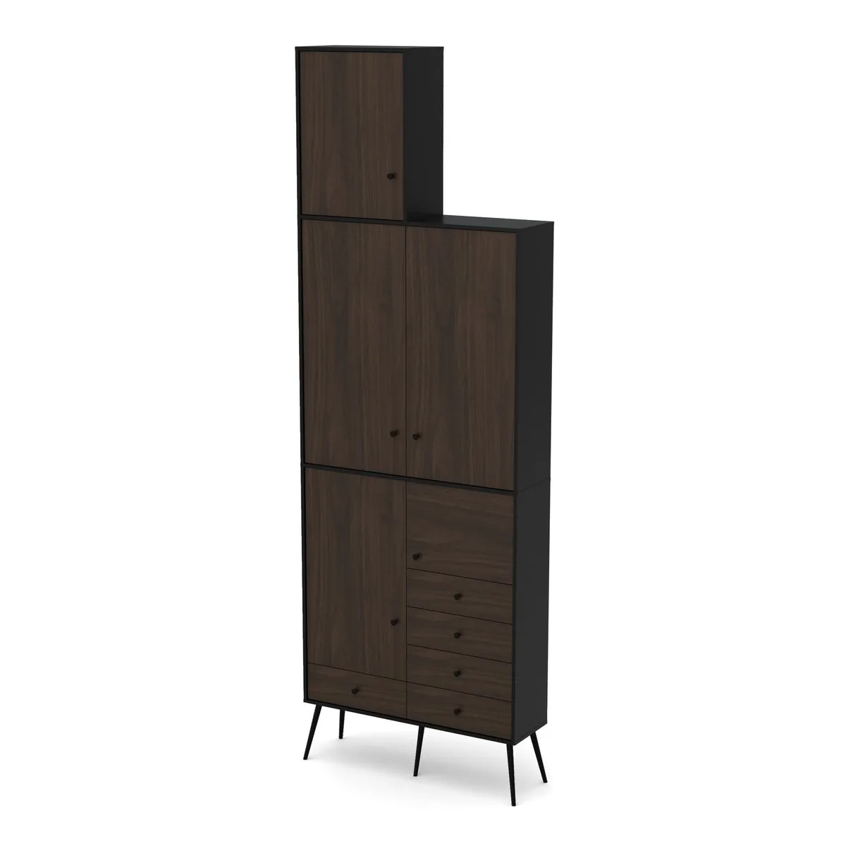 Komoda 5 szuflad z nadstawką 118 Czarny Onyx / Orzech Villa wys. 350, widok z ukosa