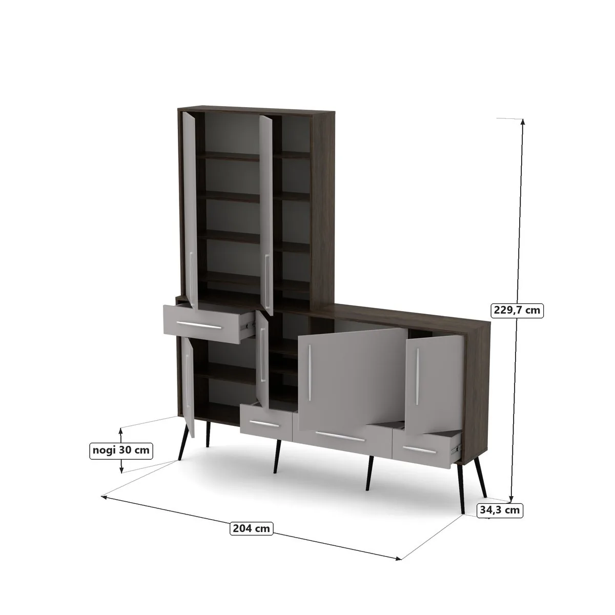 K2-0639E037, Dąb Carpenter Coffe / fronty Szary Gołębi, rysunek z wymiarami