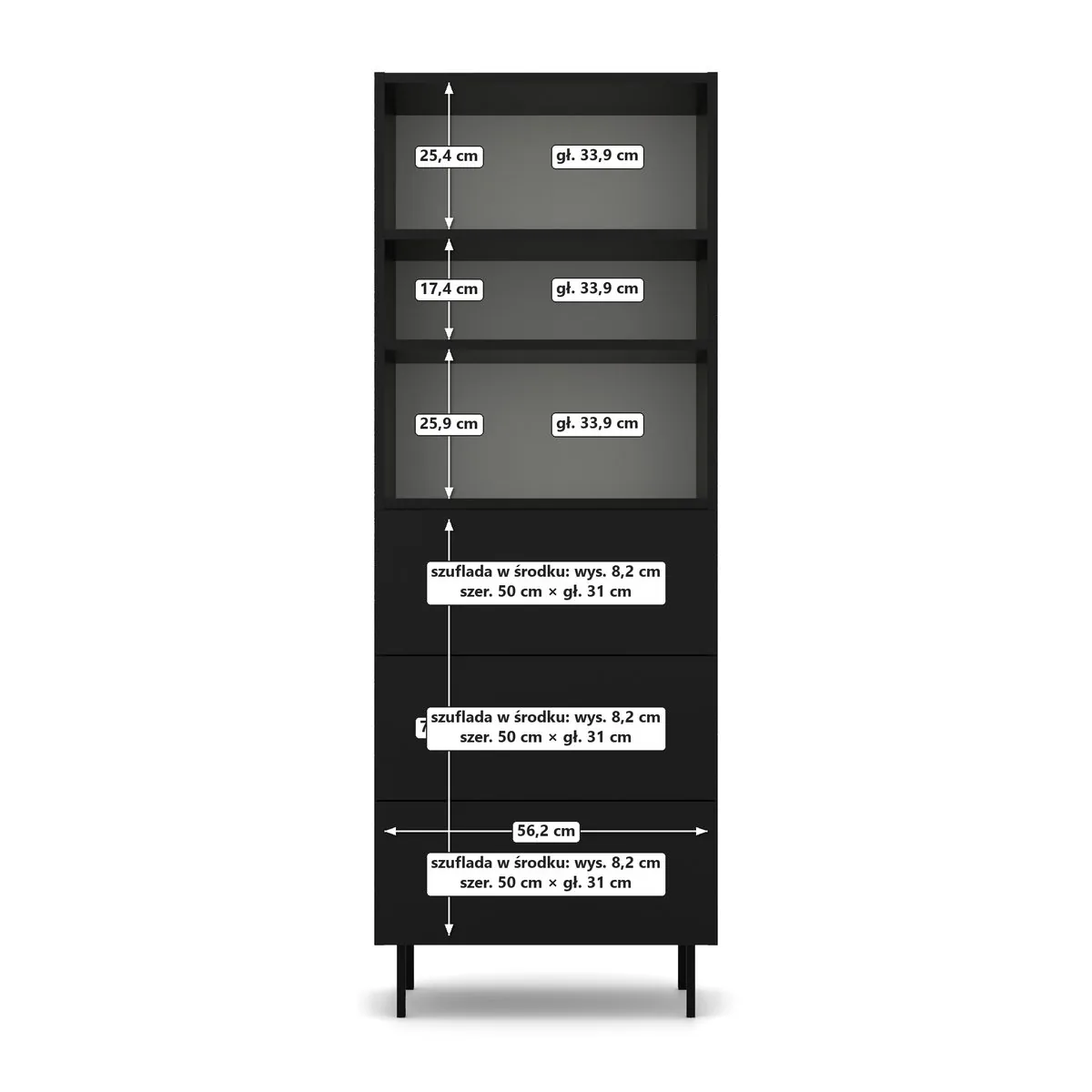 Komoda łazienkowa 60 z szufladami – Czarna styl boki do podłogi, Czarny Onyx, wnętrze, widok z przodu