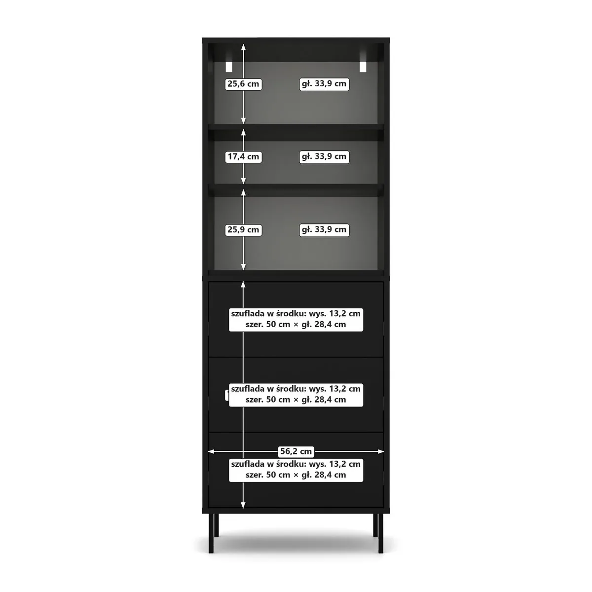 Komoda łazienkowa 60 z szufladami – Czarna styl gładka rama, Czarny Onyx, wnętrze, widok z przodu