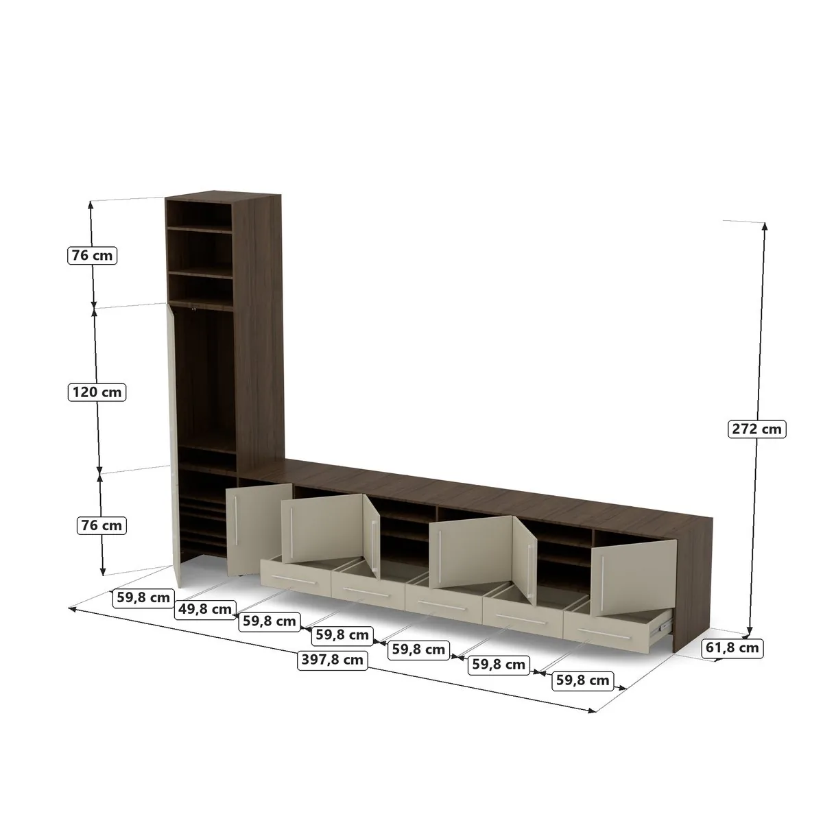 Komoda 5 szuflad z nadstawką 398 Orzech Royal / Taupe wys. 272, Orzech Royal / fronty Taupe, rysunek z wymiarami