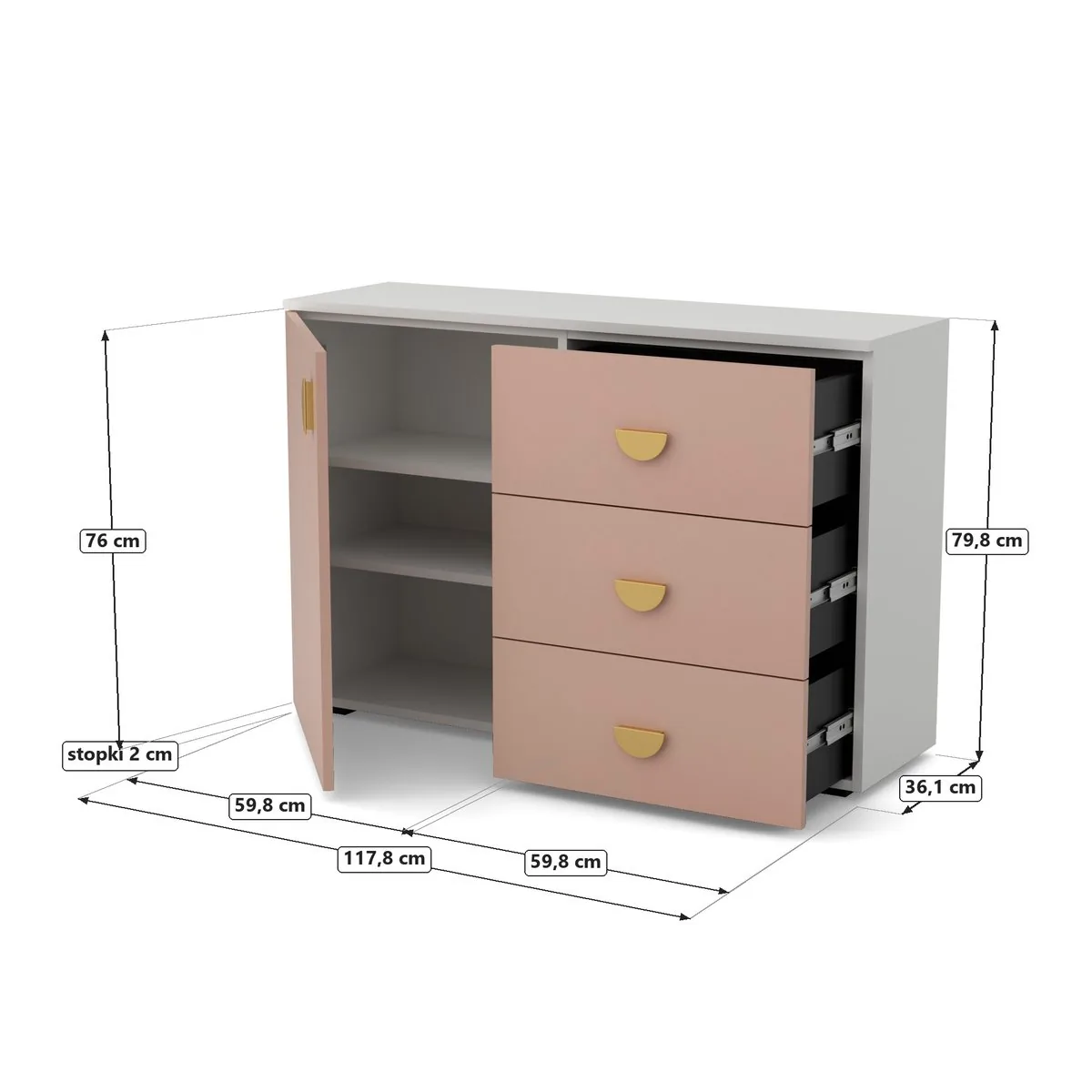 OBŁOK Komoda szafka i szuflady Biały / Millennial pink, Biały / fronty Millennial pink, rysunek z wymiarami