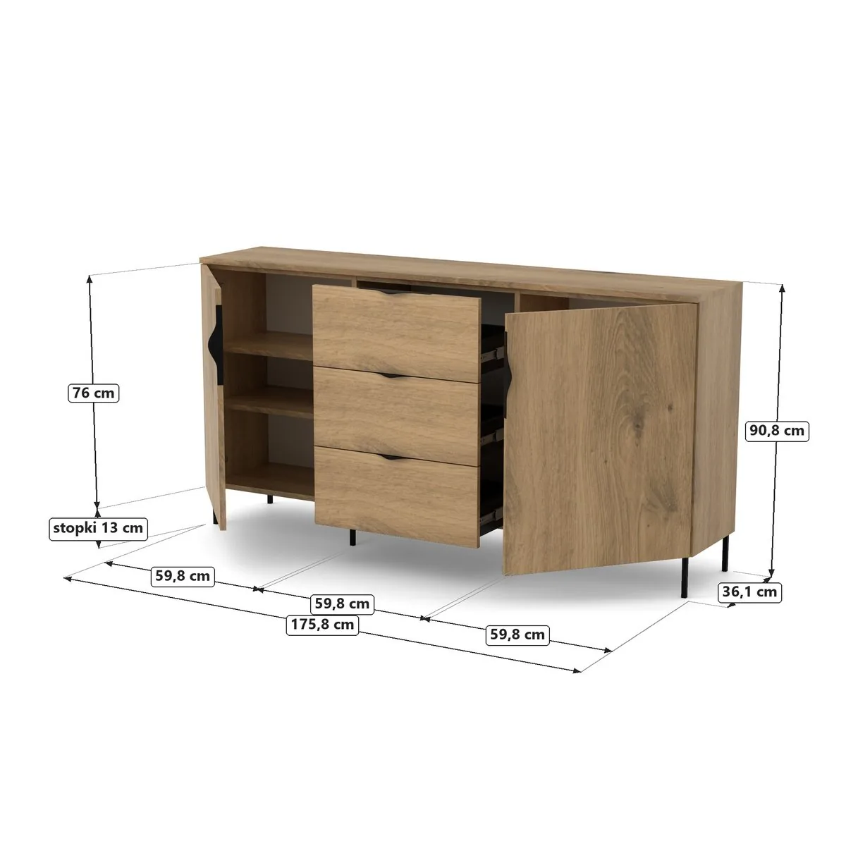 Komoda 176, 2 drzwi i 3 szuflady, Dąb Artisan, rysunek z wymiarami