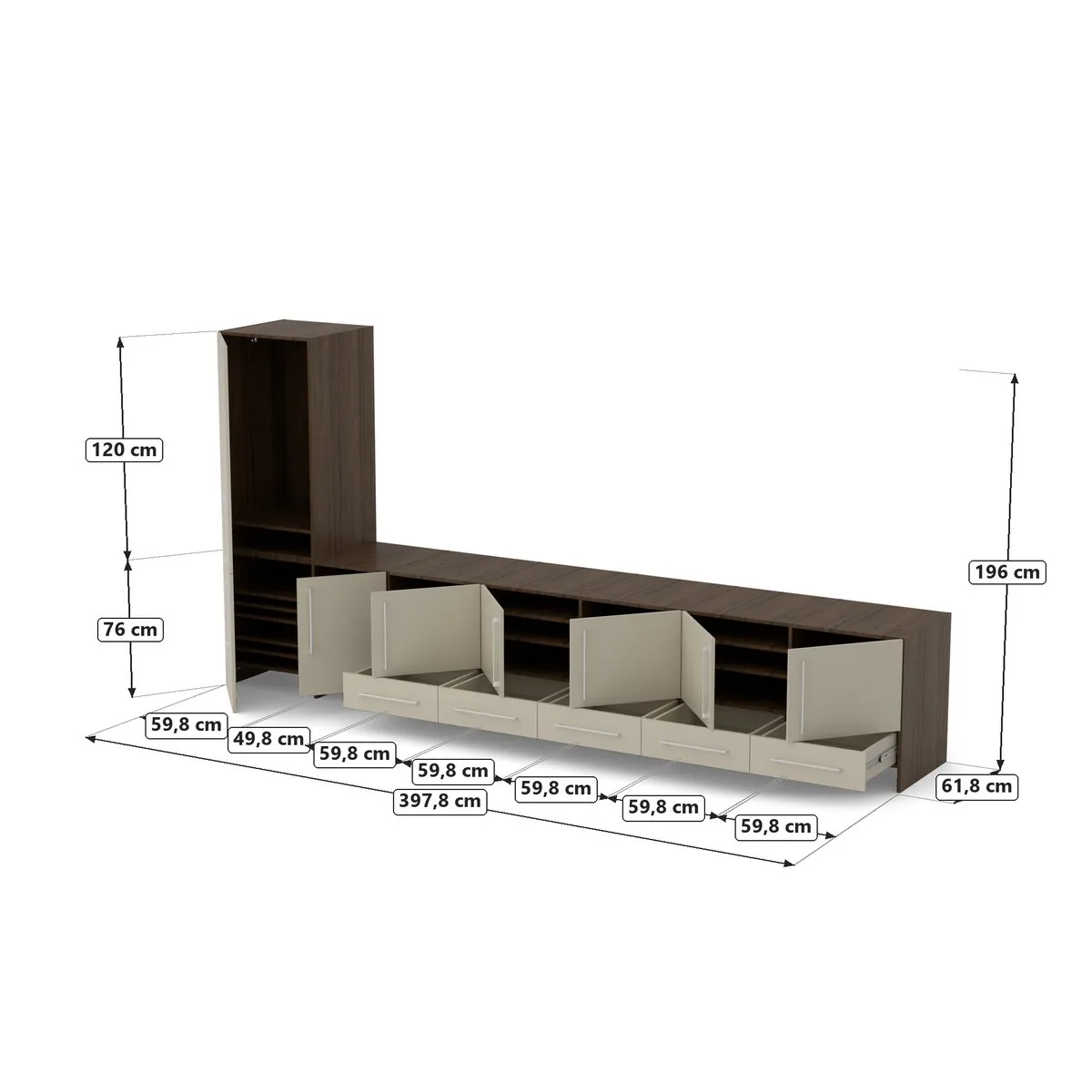 Komoda 5 szuflad z nadstawką 398 Orzech Royal / Taupe wys. 196, Orzech Royal / fronty Taupe, rysunek z wymiarami