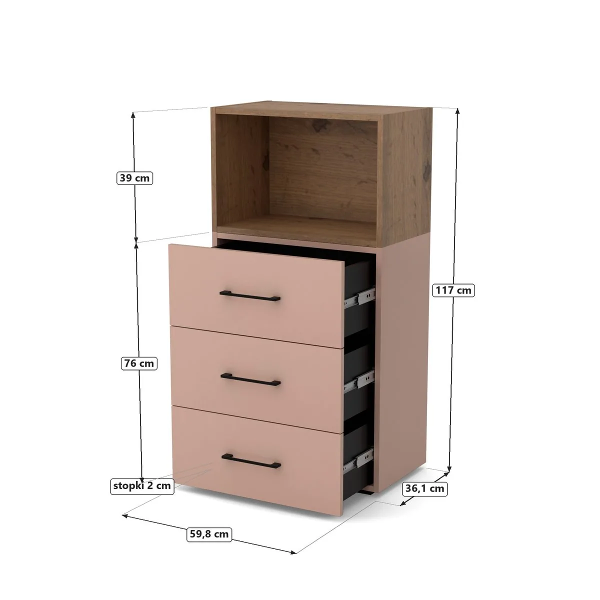 DUO Komoda z nadstawką, Millennial pink, rysunek z wymiarami