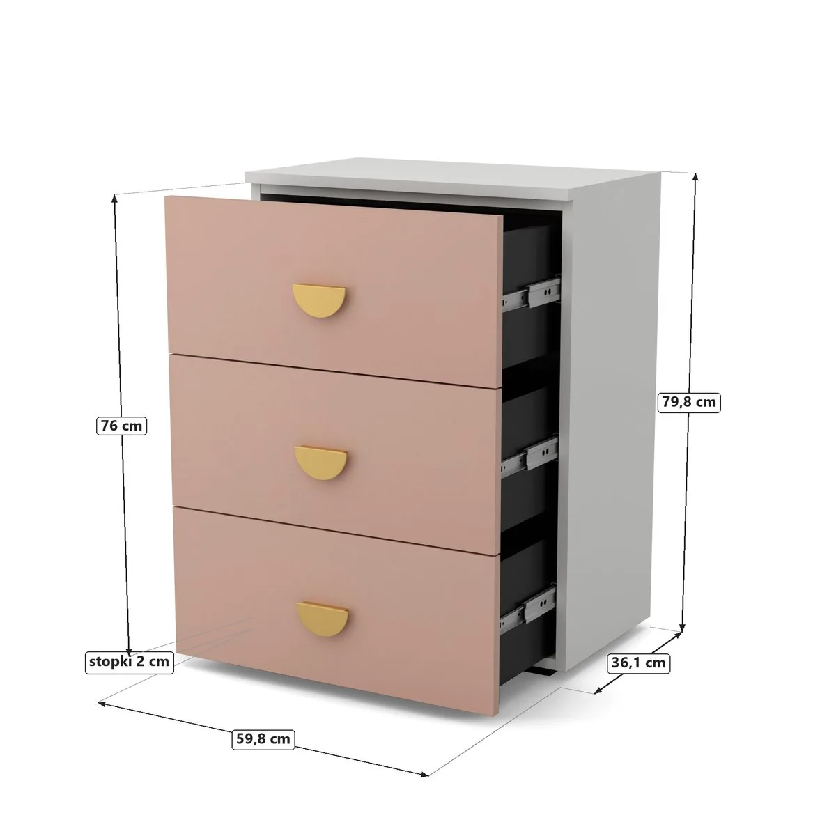 OBŁOK Komoda 3 szuflady Biały / Millennial pink, Biały / fronty Millennial pink, rysunek z wymiarami