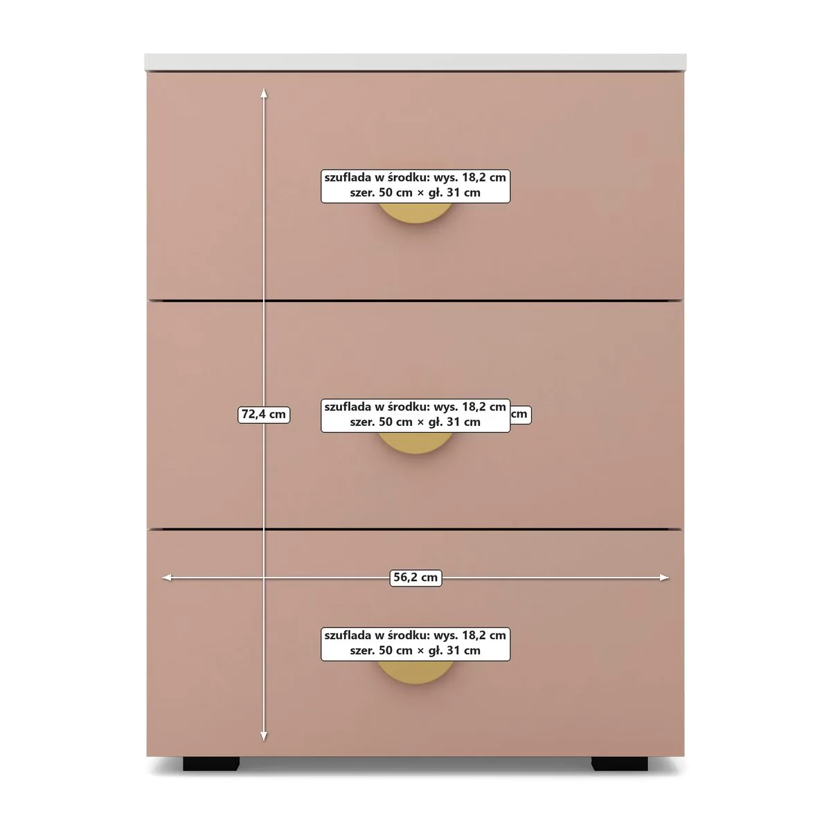 OBŁOK Komoda 3 szuflady Biały / Millennial pink, Biały / fronty Millennial pink, wnętrze, widok z przodu