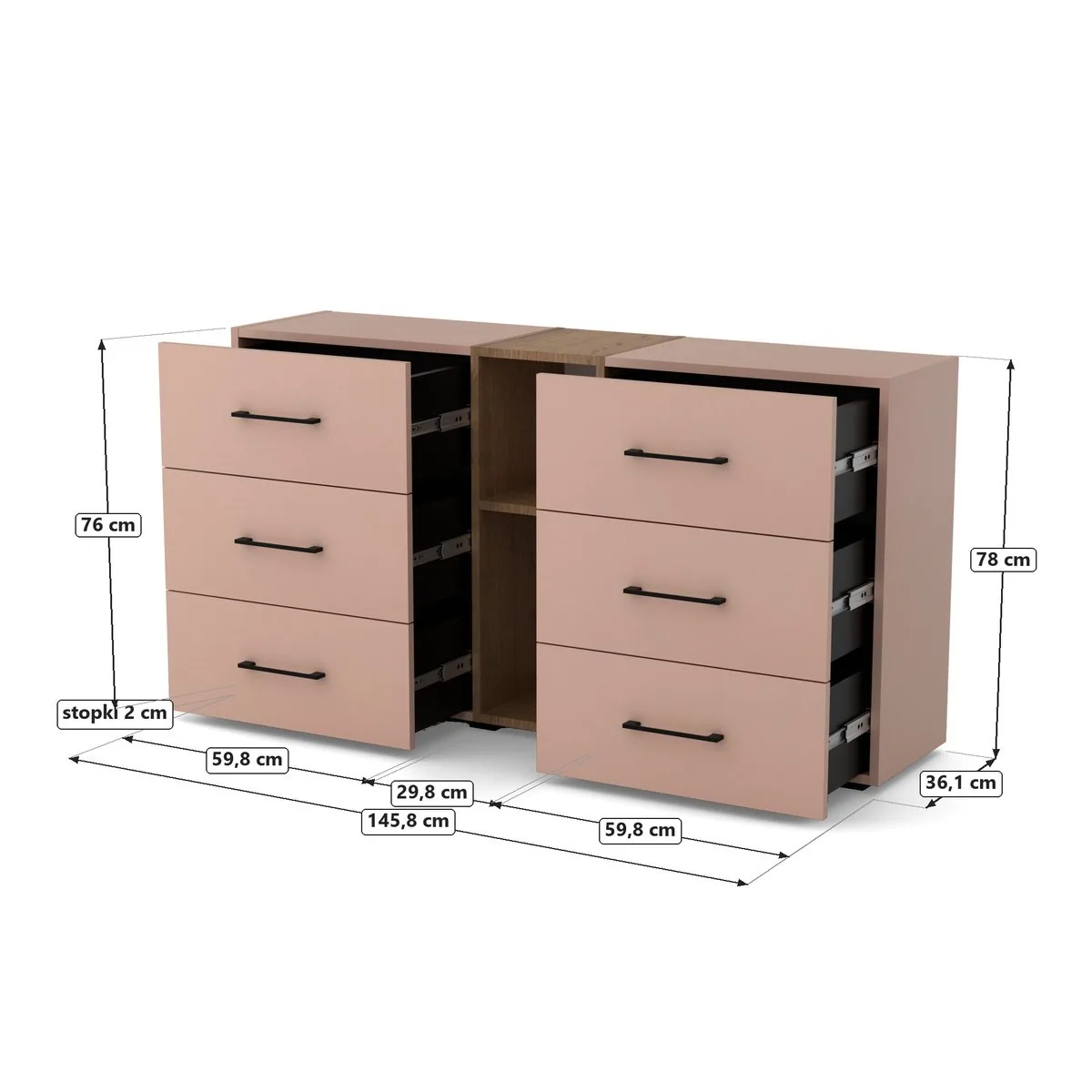 DUO Komoda szuflady i wnęka, Millennial pink, rysunek z wymiarami