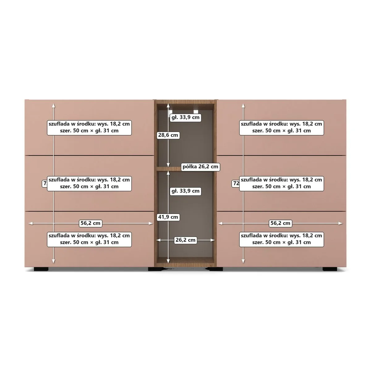 DUO Komoda szuflady i wnęka, Millennial pink, wnętrze, widok z przodu