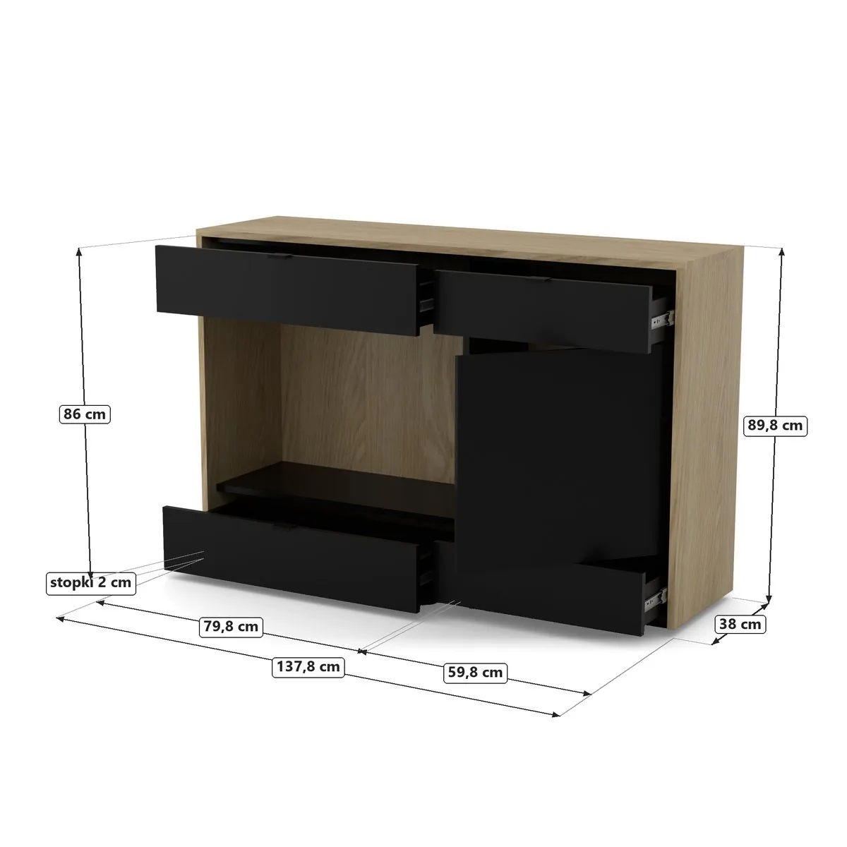 KADR Komoda z wnęką 140, Czarny Onyx, rysunek z wymiarami