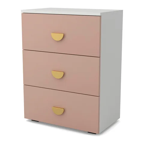 OBŁOK Komoda 3 szuflady Biały / Zieleń Szałwi, Biały / fronty Millennial pink
