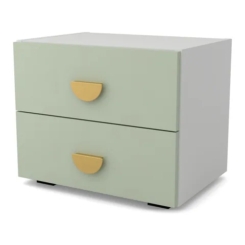 OBŁOK Szafka nocna 2 szuflady Biały / Zieleń Szałwi, widok z ukosa