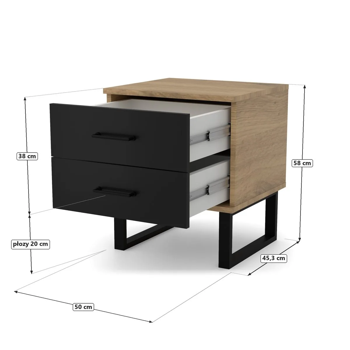 Nocna Loft Płoza 50, Dąb Artisan / fronty Czarny Onyx, rysunek z wymiarami