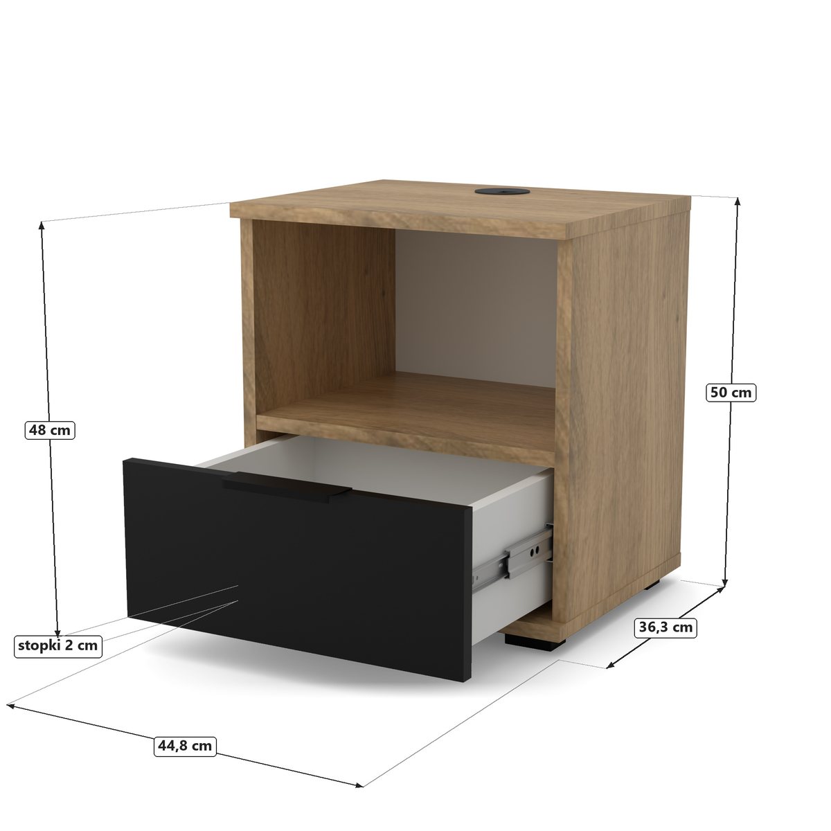 Nocna Pod Ręką 45, Dąb Artisan / fronty Czarny Onyx, rysunek z wymiarami