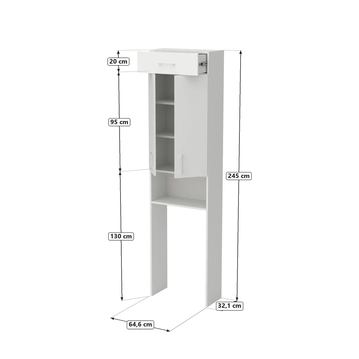 Szafa nad pralkę z suszarką i wnęką na pralkę 61 cm, boki z jednej płyty 245 cm – biała, Biały, rysunek z wymiarami