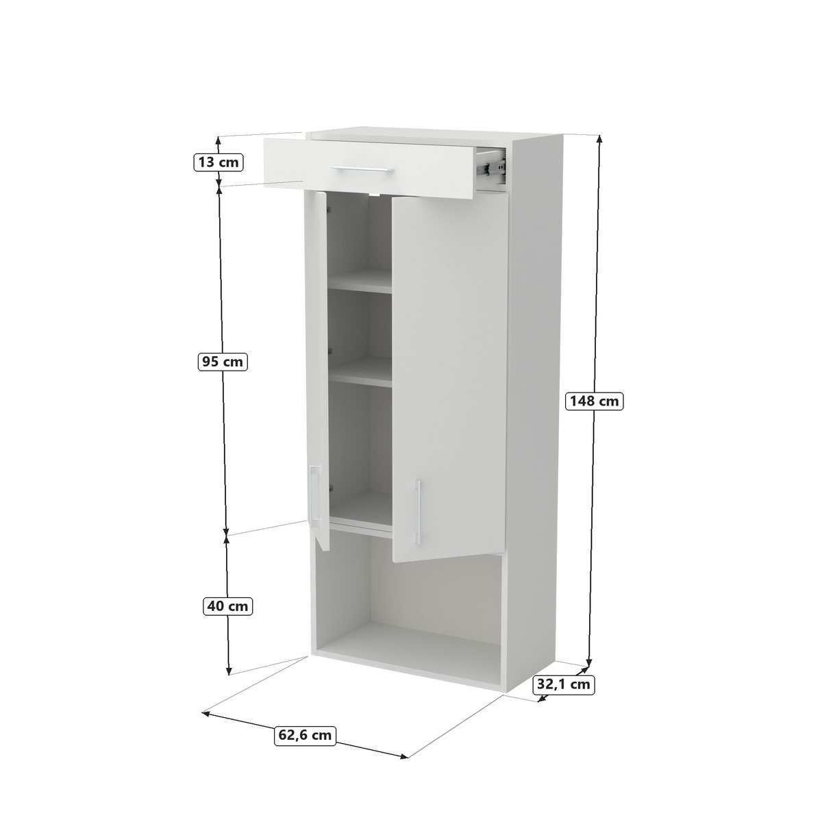 Szafa nad pralkę z suszarką wysuwaną 63 cm – biała (ERP 16691), Biały, rysunek z wymiarami