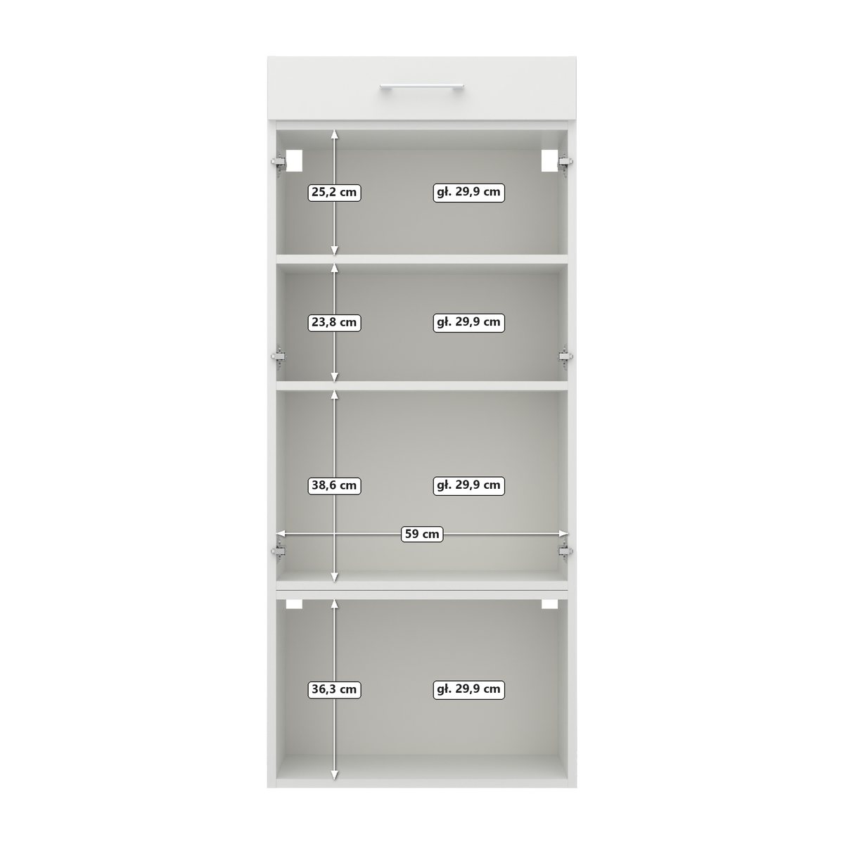 Szafa nad pralkę z suszarką wysuwaną 63 cm – biała (ERP 16691), Biały, wnętrze, widok z przodu
