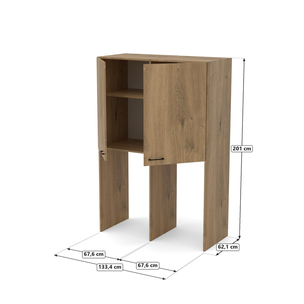 Pralka i suszarka obok siebie 134 cm Artisan, Dąb Artisan, rysunek z wymiarami