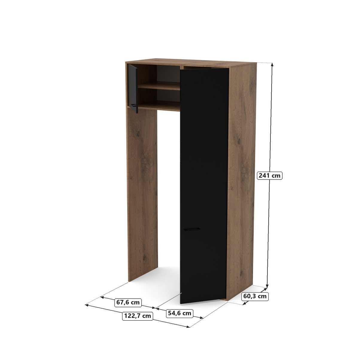 Pralka, suszarka i słupek 120 cm Wotan, Dąb Wotan / fronty Czarny Onyx, rysunek z wymiarami