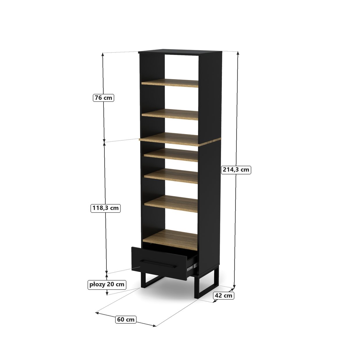 Regał 1 szuflada z nadstawką 60 Czarny Onyx, Czarny Onyx, rysunek z wymiarami