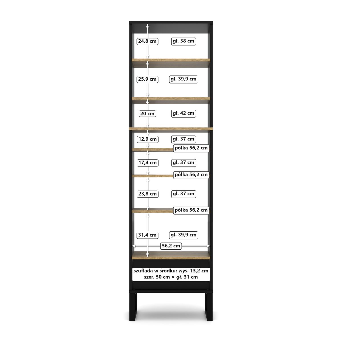 Regał 1 szuflada z nadstawką 60 Czarny Onyx, Czarny Onyx, wnętrze, widok z przodu