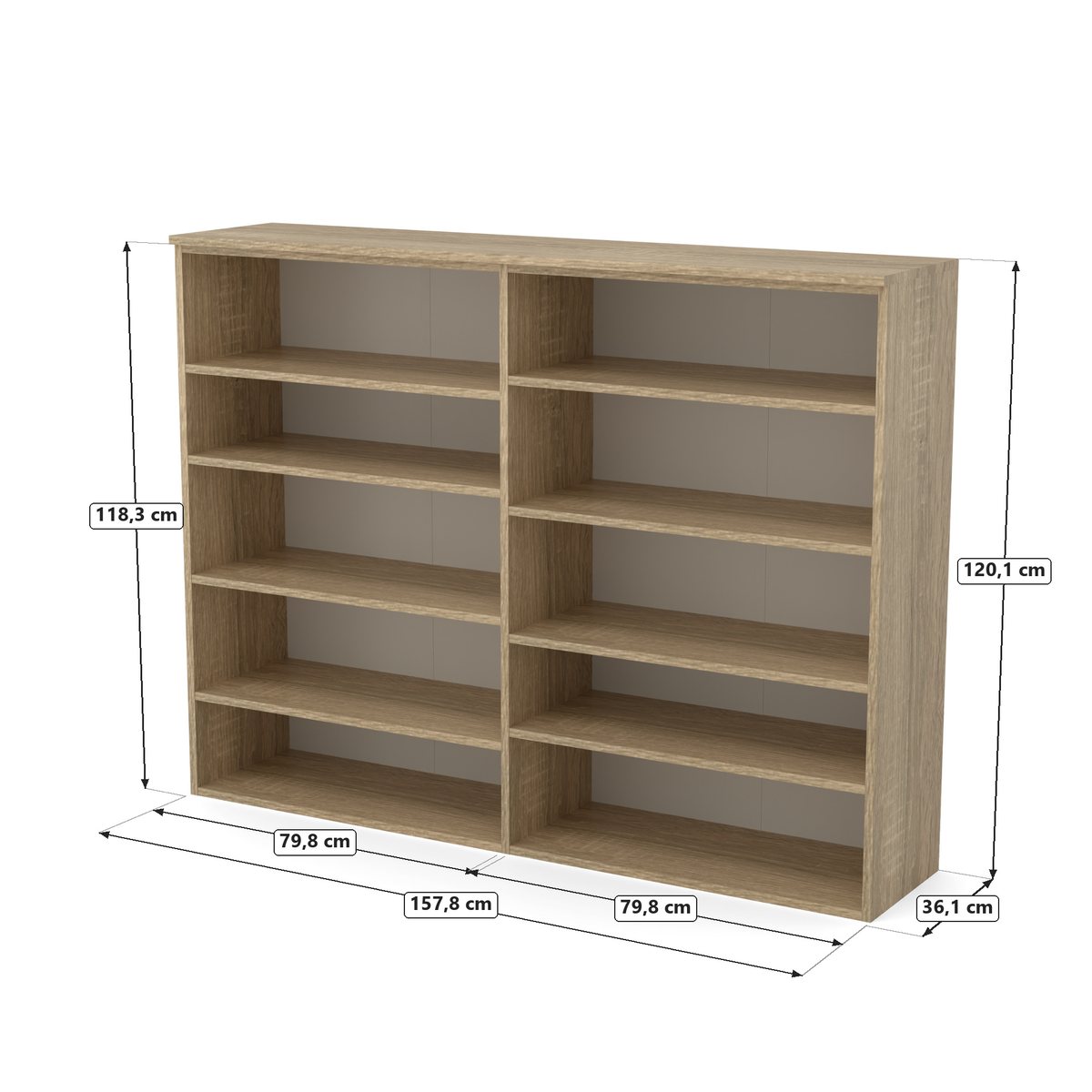 Regał 2 moduły 76 cm, dąb Sonoma, Dąb Sonoma, rysunek z wymiarami