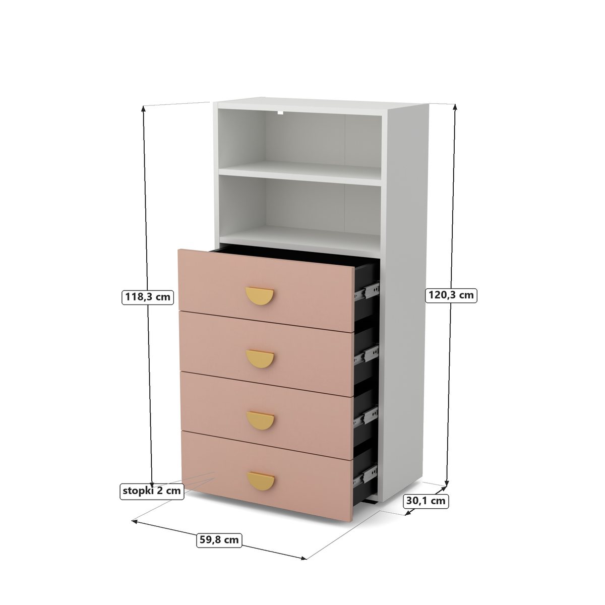 OBŁOK Regał z szufladami Biały / Millennial pink, Biały / fronty Millennial pink, rysunek z wymiarami