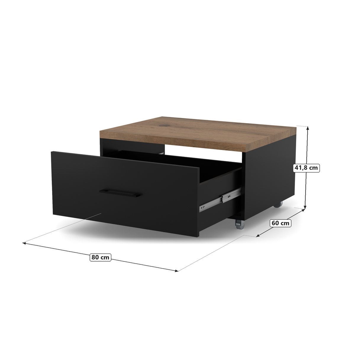 Stolik kawowy na kółkach z szufladą 80 x 60, Czarny Onyx, rysunek z wymiarami