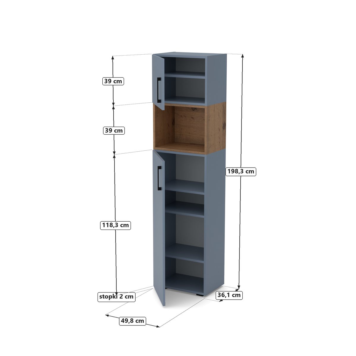 DUO Słupek wysoki z wnęką, Niebieski Kredowy, rysunek z wymiarami