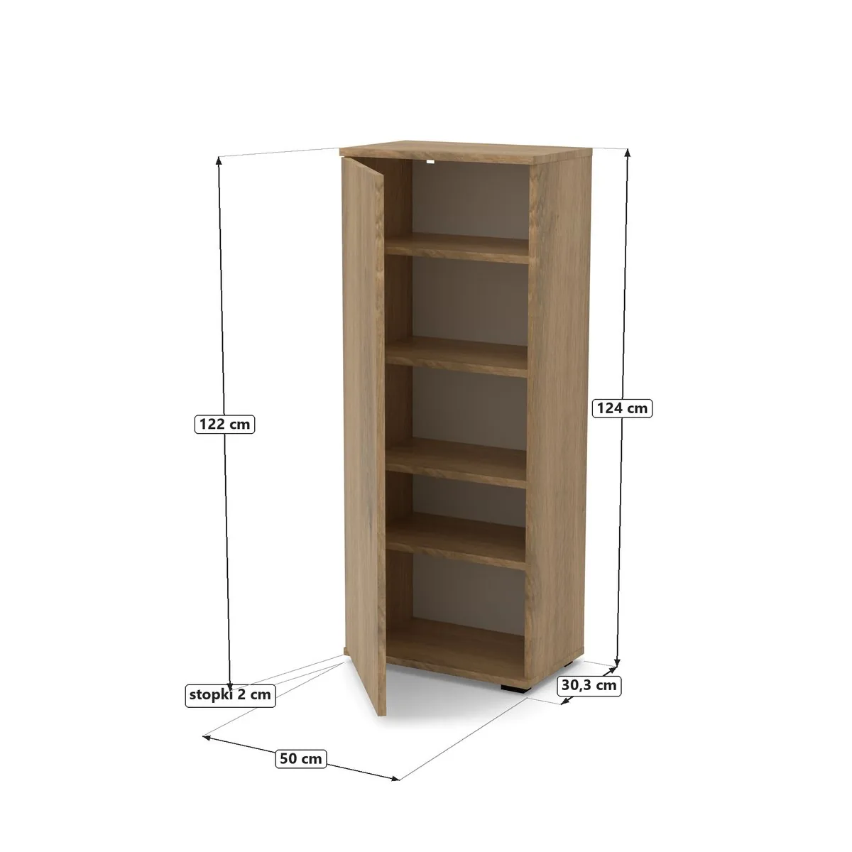Komoda szafka BINI 50×30×124 cm, Dąb Wotan, rysunek z wymiarami