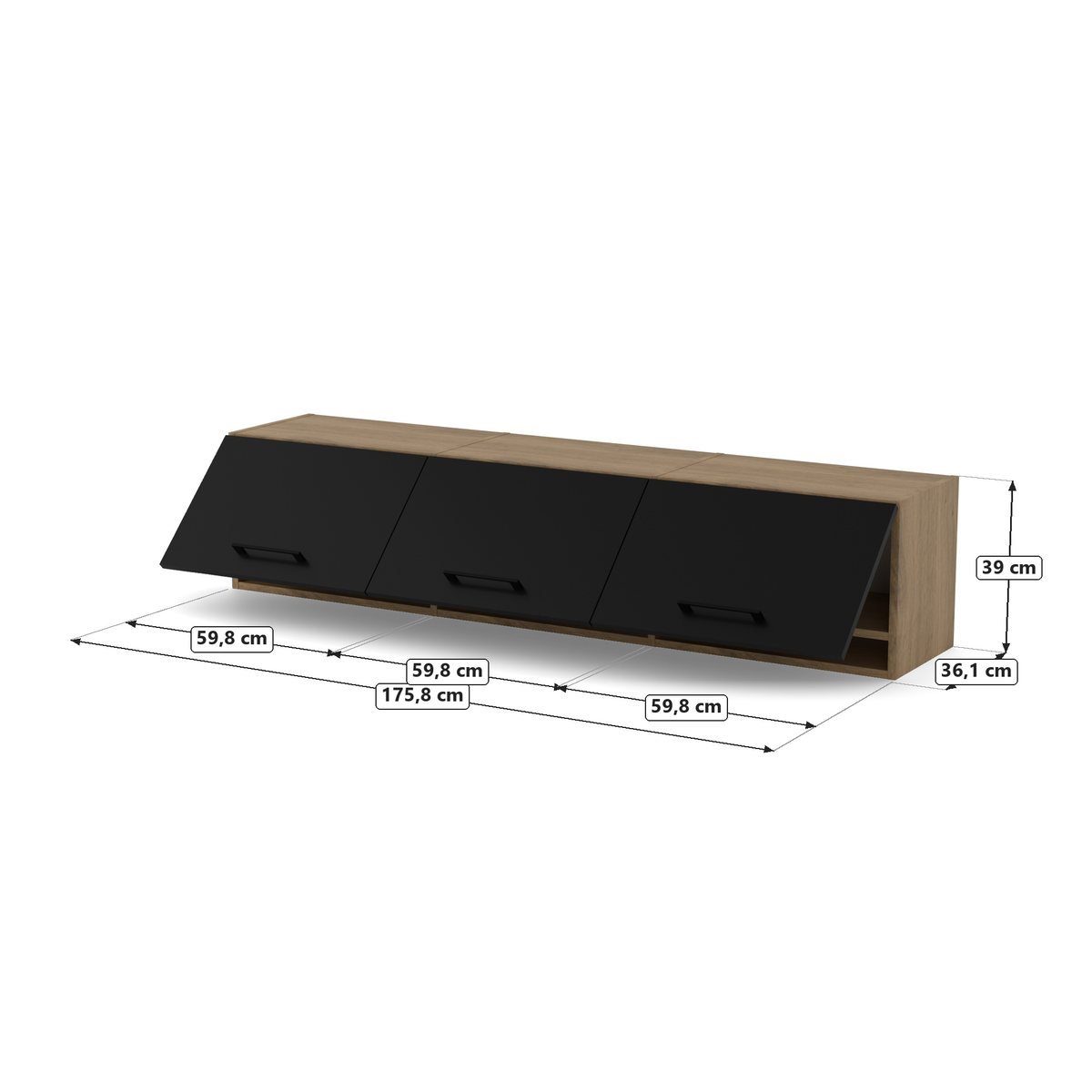 Szafka nad TV 180 z klapami Artisan/Czarny, Dąb Artisan / fronty Czarny Onyx, rysunek z wymiarami