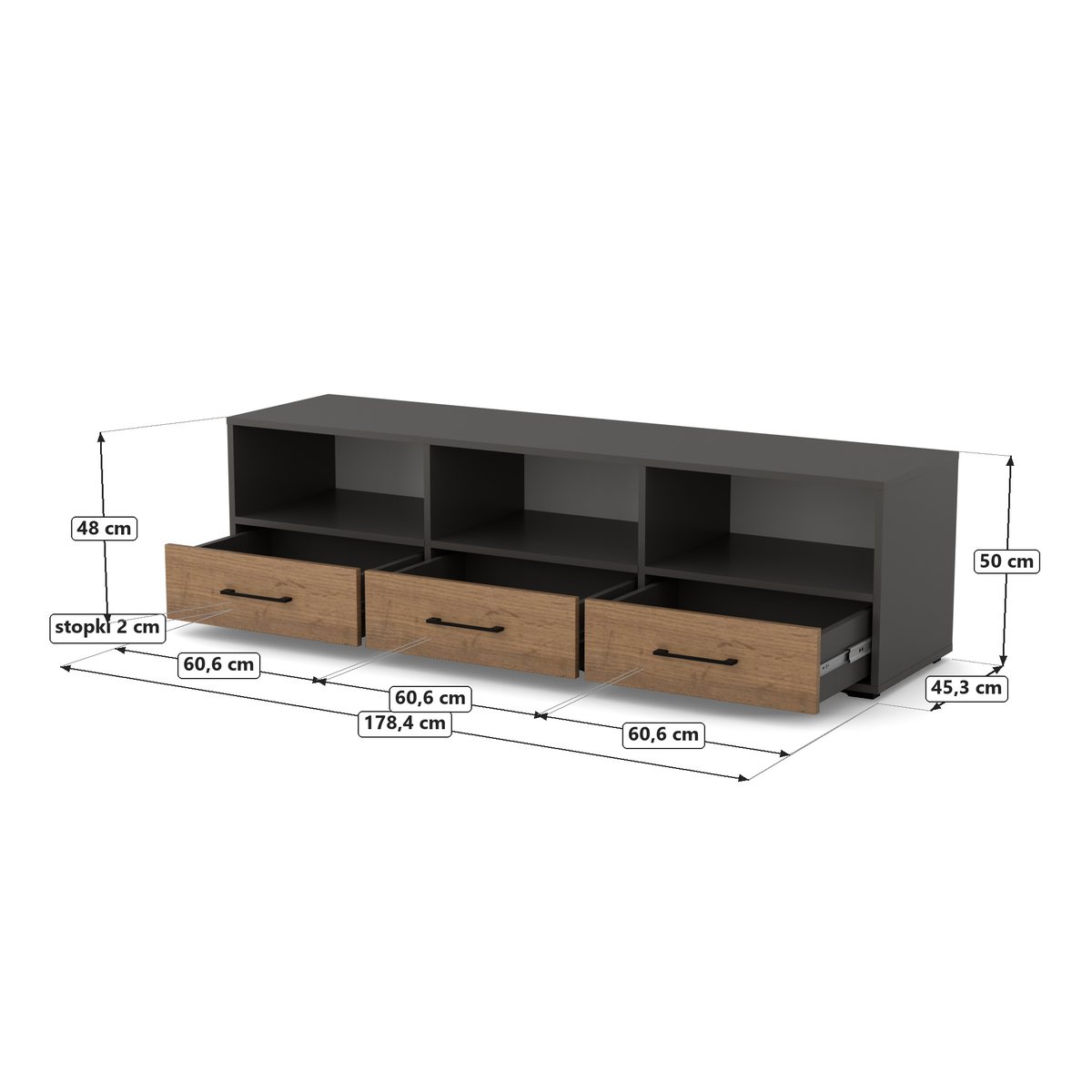 Szafka RTV 180 wnęka na soundbar + 3 szuflady, Antracyt / fronty Dąb Wotan, rysunek z wymiarami
