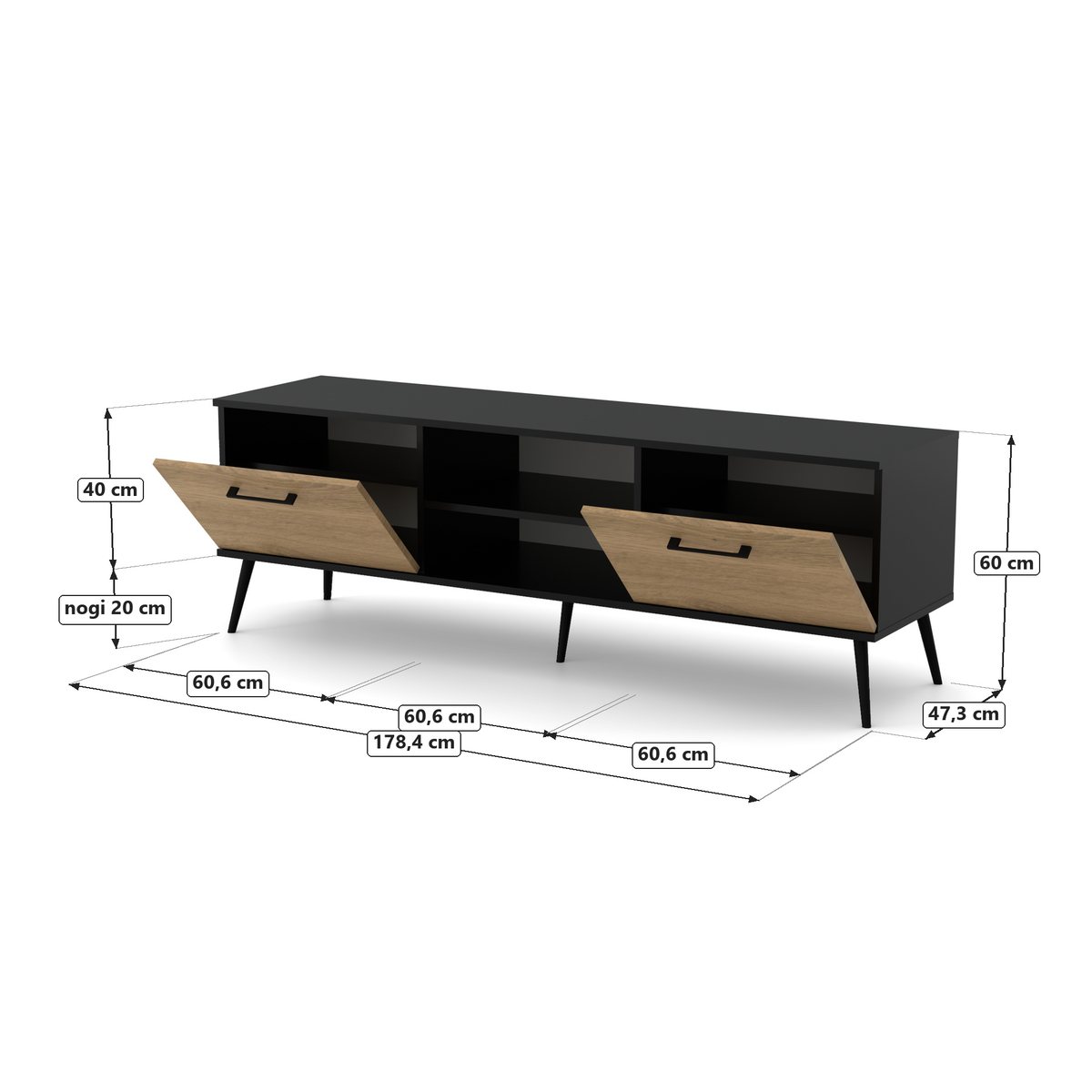 Szafka RTV 180 klapy i wnęka w środku, Czarny Onyx / fronty Dąb Artisan, rysunek z wymiarami