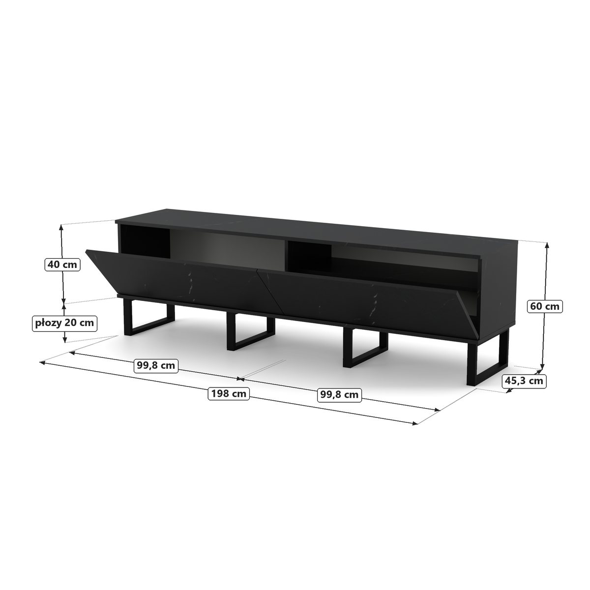 AVF Black Ridgewood Slatted TV Stand, Marmur Black Royal, rysunek z wymiarami