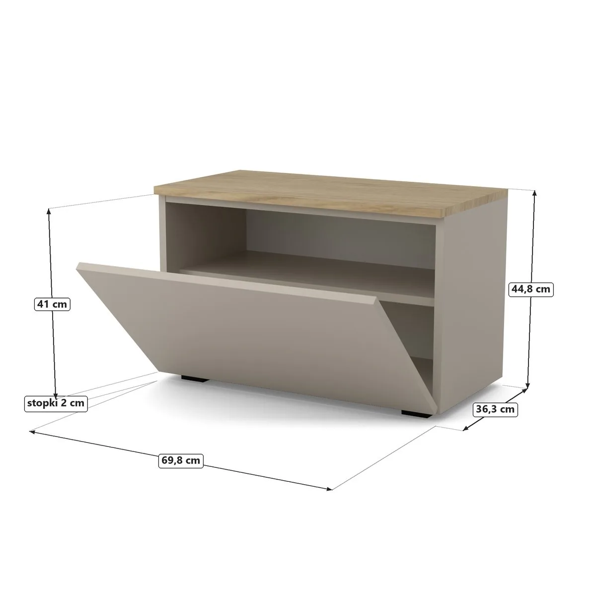 Szafka na buty VB-BLAT 70×36×45 cm z blatem i schowkiem, Kaszmirowy Beż, rysunek z wymiarami
