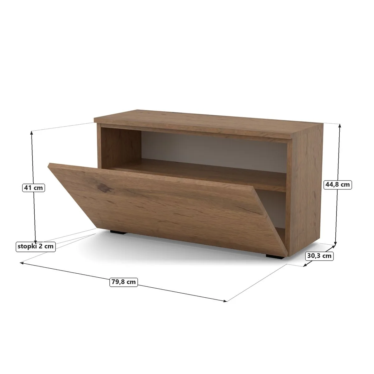 Szafka na buty VB-BLAT 80×30×45 cm ze schowkiem, Dąb Wotan, rysunek z wymiarami