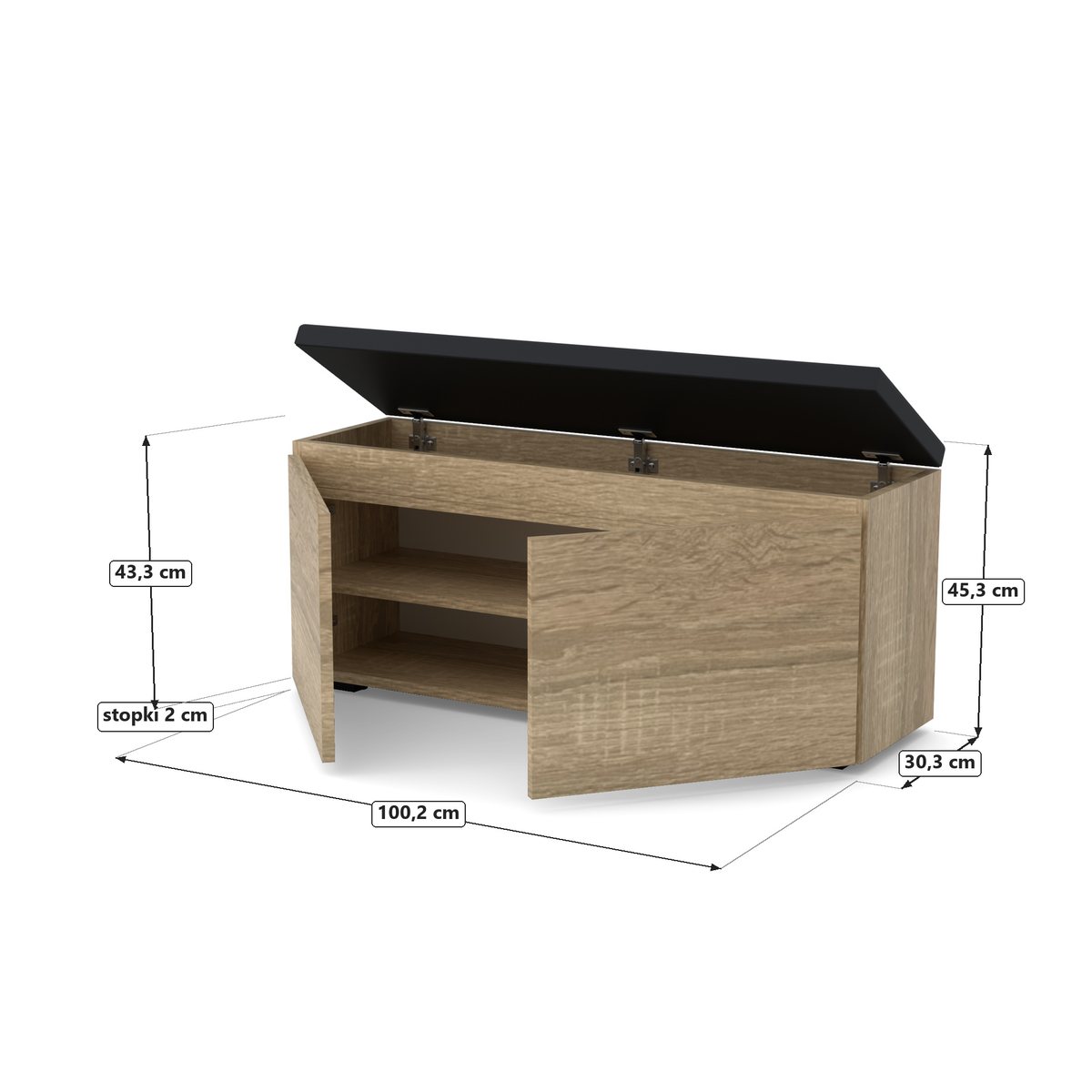 Szafka na buty VB 100×30×45 cm z siedziskiem, dwoje drzwi, Dąb Sonoma, rysunek z wymiarami