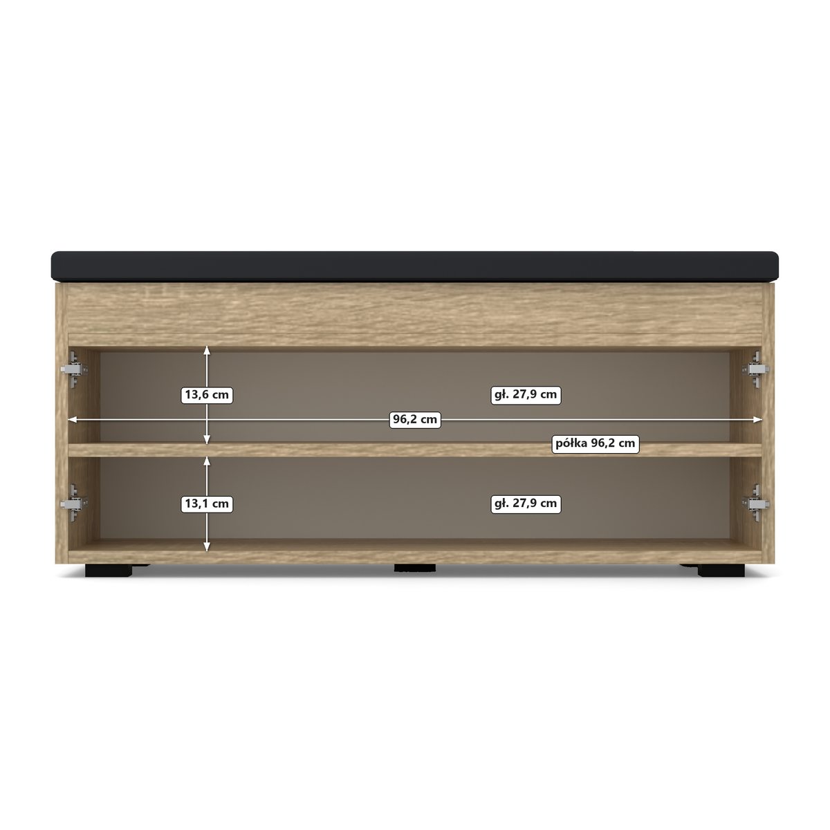 Szafka na buty VB 100×30×45 cm z siedziskiem, dwoje drzwi, Dąb Sonoma, wnętrze, widok z przodu