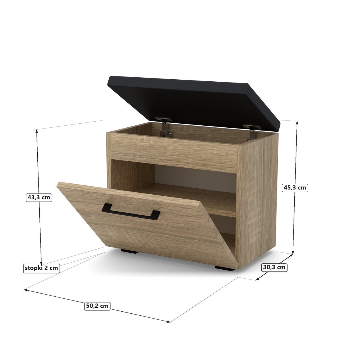 Szafka na buty VB 50×30×45 cm z siedziskiem i klapą z uchwytem, Dąb Sonoma, rysunek z wymiarami