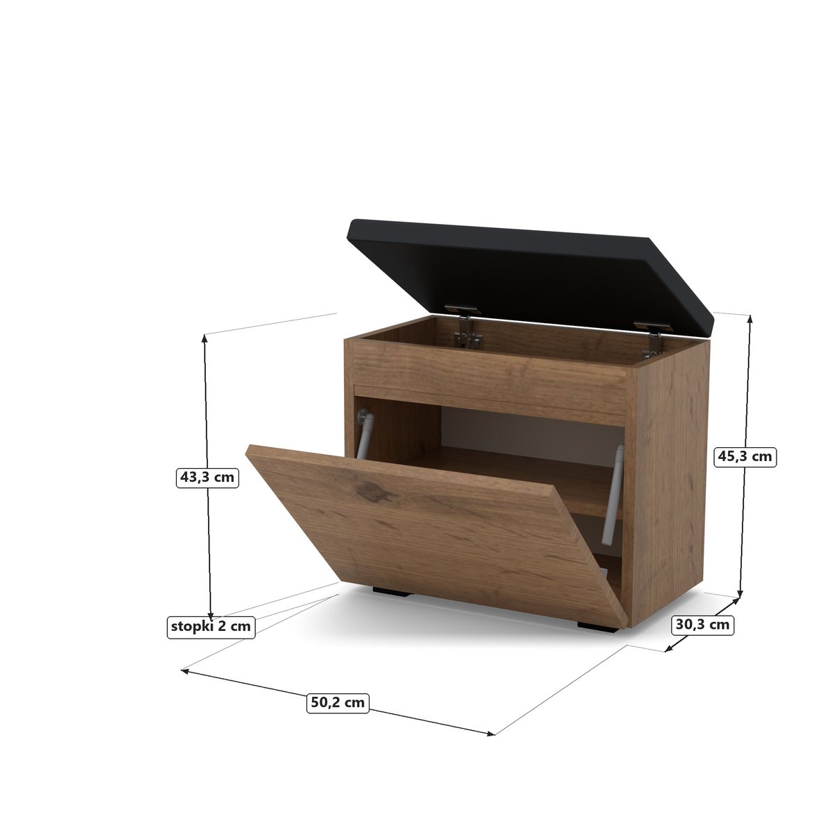 Szafka na buty VB 50×30×45 cm z siedziskiem i schowkiem, Dąb Wotan, rysunek z wymiarami